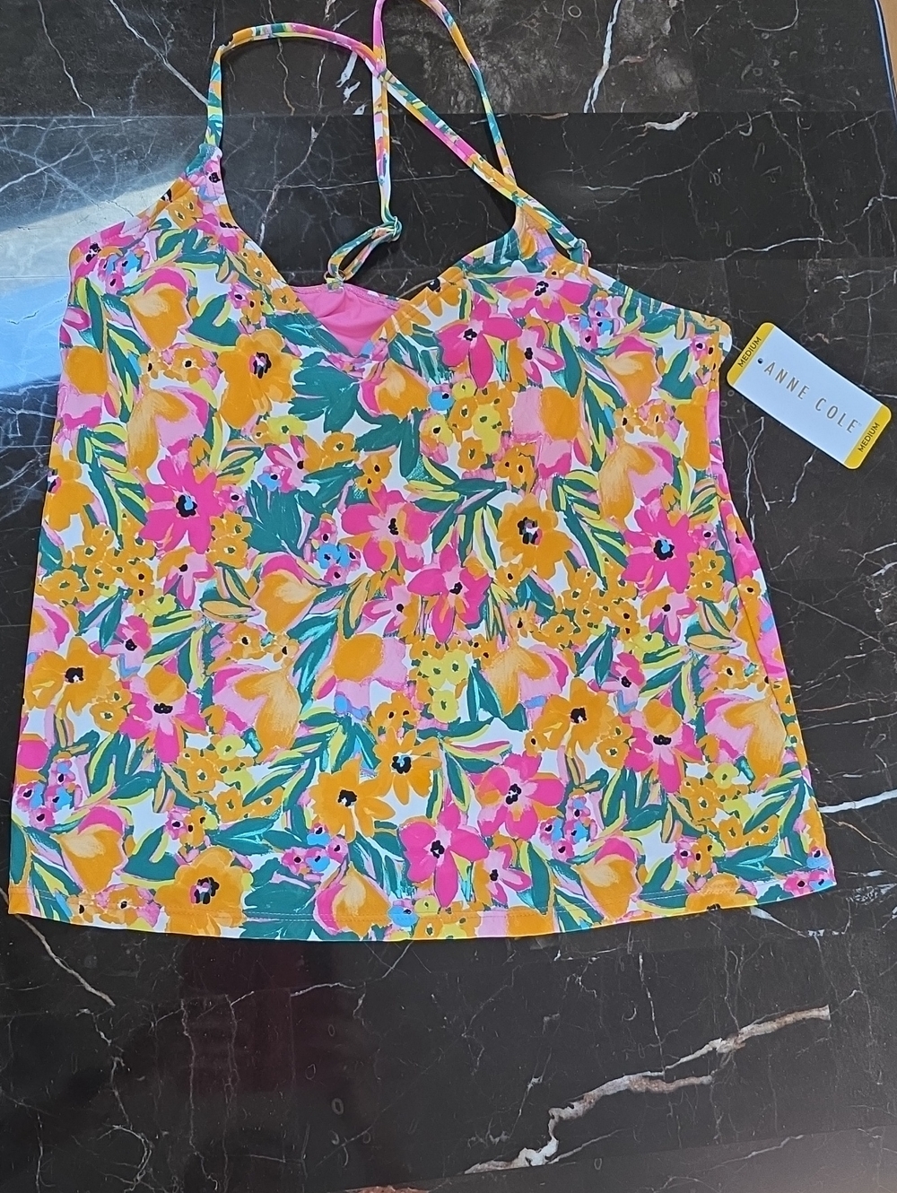 Anne Cole Pink, Yellow, Black & Green Floral Strappy Tankie Swin Top NWT